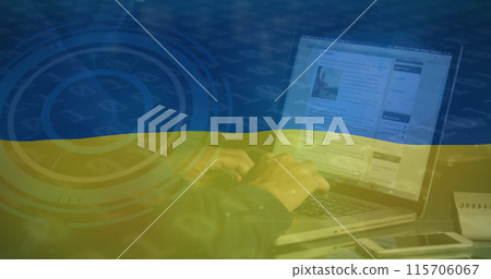 Image of hand of caucasian male hacker over flag of ukraine 115706067