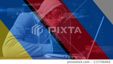 Image of caucasian male hacker, data processing and padlock over flag of russia and ukraine 115706068