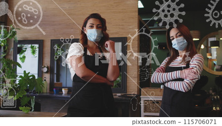 Image of coronavirus icons over two caucasian female hairdressers wearing face masks 115706071