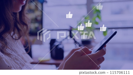 Image of social media reactions over hands of caucasian woman using smartphone Image of social media reactions over hands of caucasian woman using smartphone 115706111