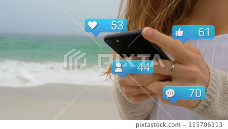 Image of social media reactions over hands of caucasian woman using smartphone Image of social media reactions over hands of caucasian woman using smartphone 115706113