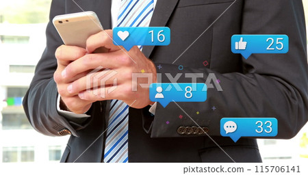 Image of social media reactions over hands of caucasian businessman using smartphone 115706141