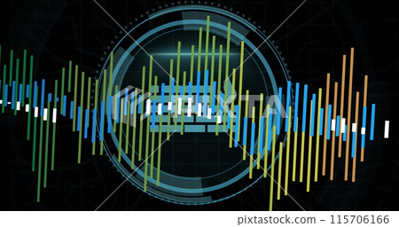 Statistical data processing and cyber security text over round scanner against black background Statistical data processing and cyber security text over round scanner against black background 115706166
