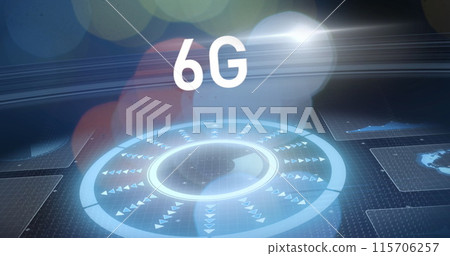 Image of 6g text, data processing and scopes scanning on screens over glowing light Image of 6g text, data processing and scopes scanning on screens over glowing light 115706257