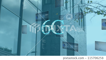 Image of 6g text, data processing and scopes scanning on screens over modern office building Image of 6g text, data processing and scopes scanning on screens over modern office building 115706258