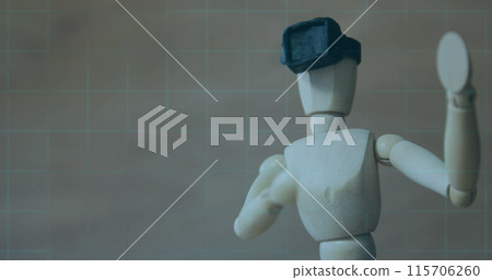 Image of 6g text, scope scanning and data processing over wooden mannequin wearing vr headset Image of 6g text, scope scanning and data processing over wooden mannequin wearing vr headset 115706260