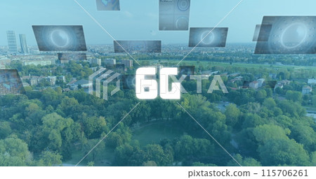 Image of 6g text, data processing and scopes scanning on screens over cityscape Image of 6g text, data processing and scopes scanning on screens over cityscape 115706261
