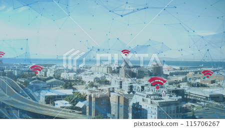 Image of 6g text, wifi icons, data processing and globe spinning on screen over cityscape 115706267