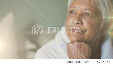 Image of glowing lights over thoughtful senior woman in background Image of glowing lights over thoughtful senior woman in background 115706269