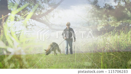 Image of glowing light over senior woman walking with dog in park 115706283