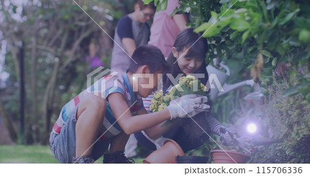 Spot of light against asian mother and son gardening together in the garden 115706336