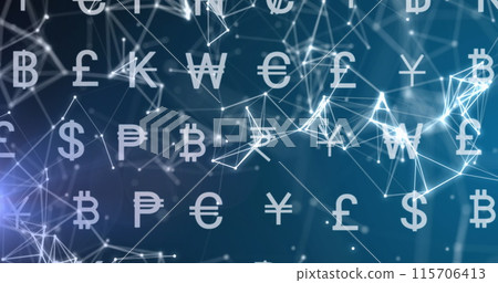 Image of currency symbols over network of connections on black background 115706413