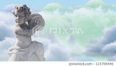 Image of gray sculpture of cupid over blue sky and clouds, copy space 115706440