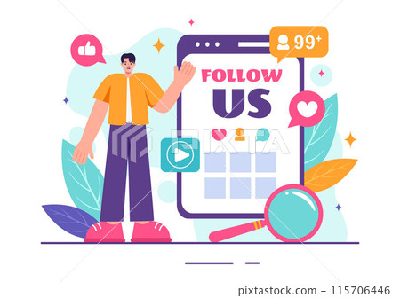 Follow Us and Like Vector Illustration for Internet Advertisements of Social Media Users Following an Interesting Page, Set in a Flat Background 115706446