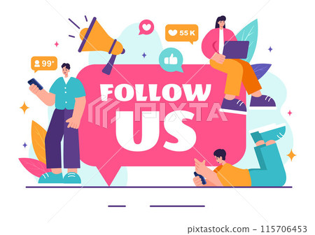 Follow Us and Like Vector Illustration for Internet Advertisements of Social Media Users Following an Interesting Page, Set in a Flat Background 115706453