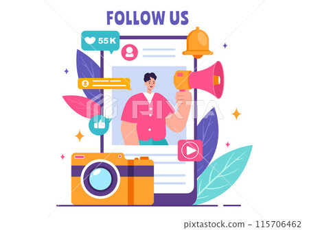 Follow Us and Like Vector Illustration for Internet Advertisements of Social Media Users Following an Interesting Page, Set in a Flat Background 115706462