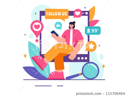 Follow Us and Like Vector Illustration for Internet Advertisements of Social Media Users Following an Interesting Page, Set in a Flat Background 115706464