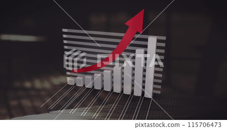 Image of rotating graph with a red arrow pointing up and fast walking people in the background 4k 115706473