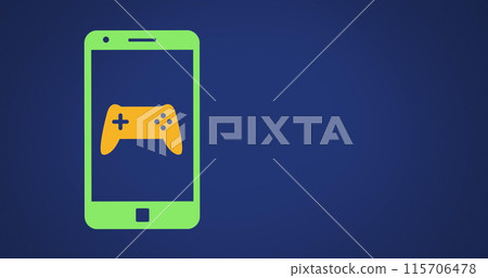 Game controller image bounces on phone screen with yellow and green on dark blue in 4K. Game controller image bounces on phone screen with yellow and green on dark blue in 4K. 115706478