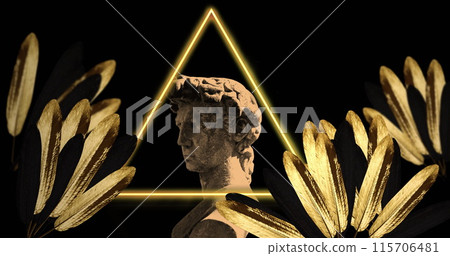Image of gray sculpture of man over shapes and leaves Image of gray sculpture of man over shapes and leaves 115706481