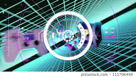 Image of scope scanning and gaming icons over squares 115706499