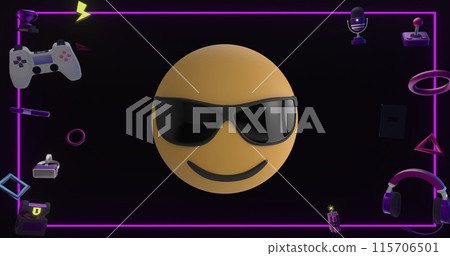 Image of gaming icons and emoji over black background 115706501