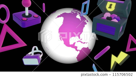 Image of gaming icons and globe over black background 115706502