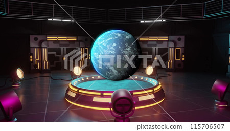 Image of spinning globe over cyber room 115706507