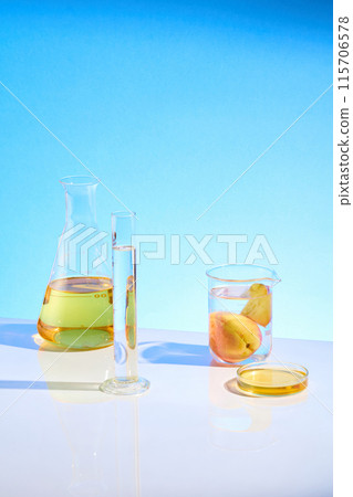 High angle shot at the table of lab containing some experiment tools like transparent measuring cylinder, an erlenmeyer filled by peach extract and a beaker soaking peach. Vacant space for designing High angle shot at the table of lab containing some experiment tools like transparent measuring cylinder, an erlenmeyer filled by peach extract and a beaker soaking peach. Vacant space for designing 115706578