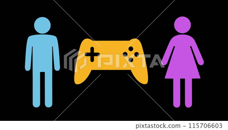 Male and female icons flank a central game controller icon 115706603