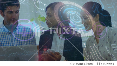 Image of data processing on digital screen over diverse female and male coworkers 115706664