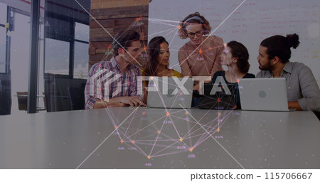 Image of globe made of connections over diverse female and male coworkers 115706667