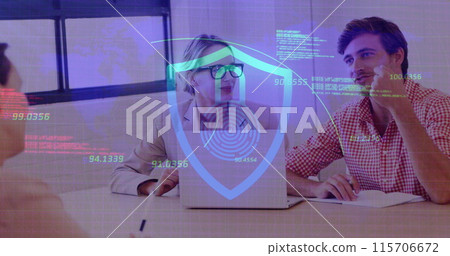 Image of digital shield with padlock over happy caucasian female and male coworkers Image of digital shield with padlock over happy caucasian female and male coworkers 115706672