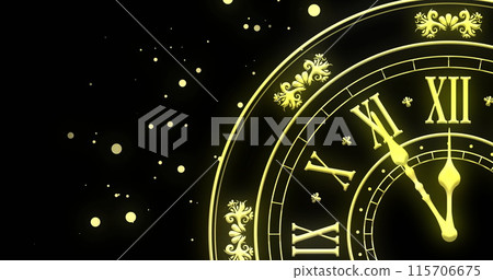 Image of clock showing midnight and fireworks exploding on black background Image of clock showing midnight and fireworks exploding on black background 115706675