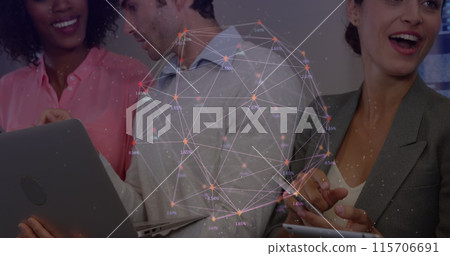 Image of globe made of connections over diverse female and male coworkers Image of globe made of connections over diverse female and male coworkers 115706691