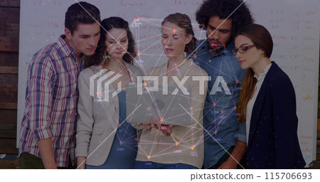 Image of globe made of connections over diverse female and male coworkers Image of globe made of connections over diverse female and male coworkers 115706693