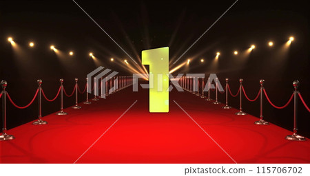 Image of countdown to midnight over red carpet and spots of light on black background Image of countdown to midnight over red carpet and spots of light on black background 115706702