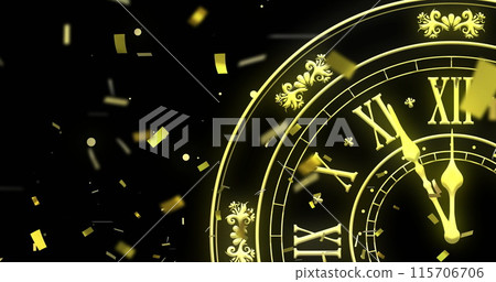 Image of clock showing midnight, confetti and fireworks exploding on black background 115706706