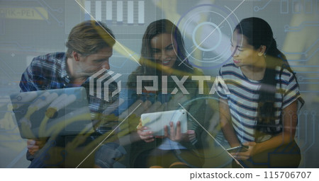 Image of colourful puzzle pieces and data processing over kids friends using electronic Image of colourful puzzle pieces and data processing over kids friends using electronic 115706707