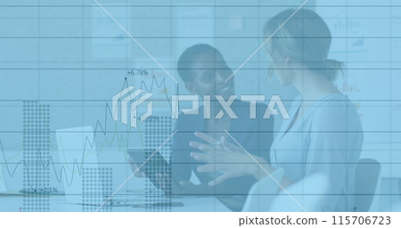 Image of financial data processing over diverse business people in office 115706723