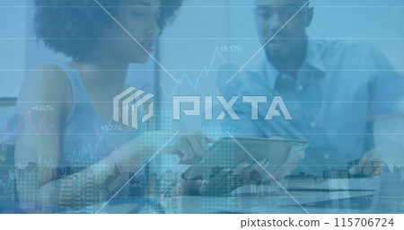Image of financial data processing and cityscape over diverse business people in office 115706724