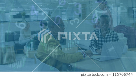 Image of financial data processing over diverse business people in office Image of financial data processing over diverse business people in office 115706744