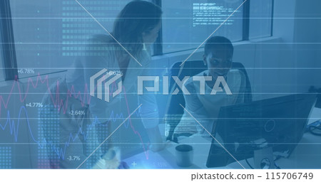 Image of financial data processing over diverse business people in office Image of financial data processing over diverse business people in office 115706749