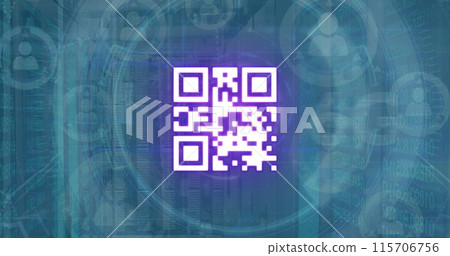 Image of qr code and scanner processing data over network of people icons 115706756