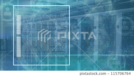 Image of data processing and interface charts over computer server room 115706764