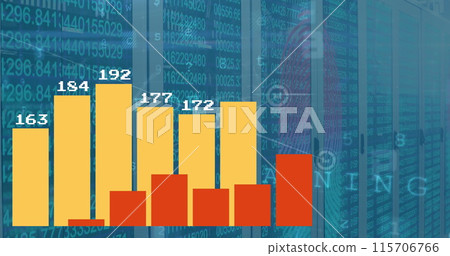 Image of statistical data processing and network of digital icons against computer server room 115706766