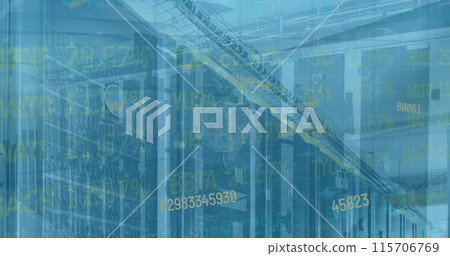 Image of graphs and charts on interface with data processing over computer server room 115706769