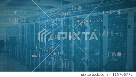 Image of graphs and charts on interface with data processing over computer server room Image of graphs and charts on interface with data processing over computer server room 115706772