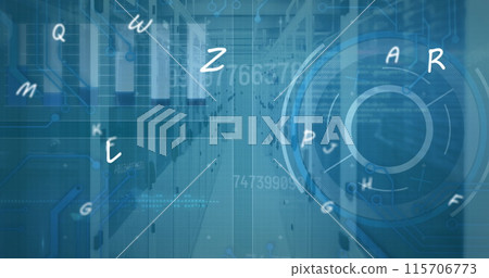 Image of scope scanning, numbers and statistics over computer servers Image of scope scanning, numbers and statistics over computer servers 115706773