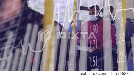 Image of data processing over african american businessman using laptop in bus 115706824